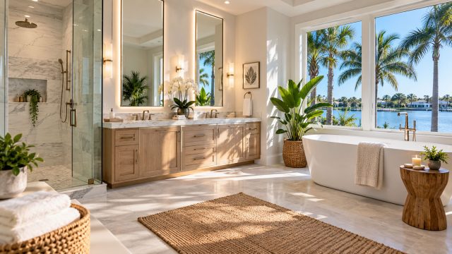 Luxury Palm Beach bathroom with a glass shower, double vanity, freestanding tub, tropical plants, and waterfront views.