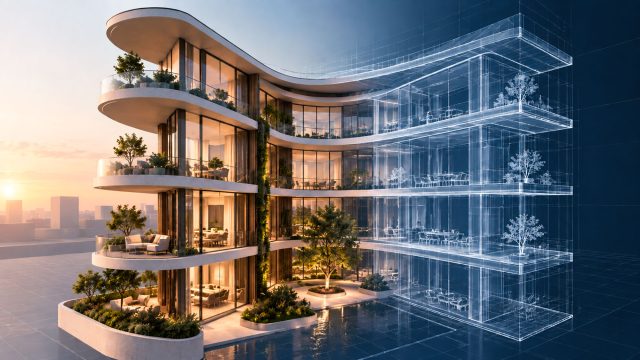 Modern luxury development transitioning from a photorealistic architectural render into a precise 3D wireframe model with landscaped terraces.