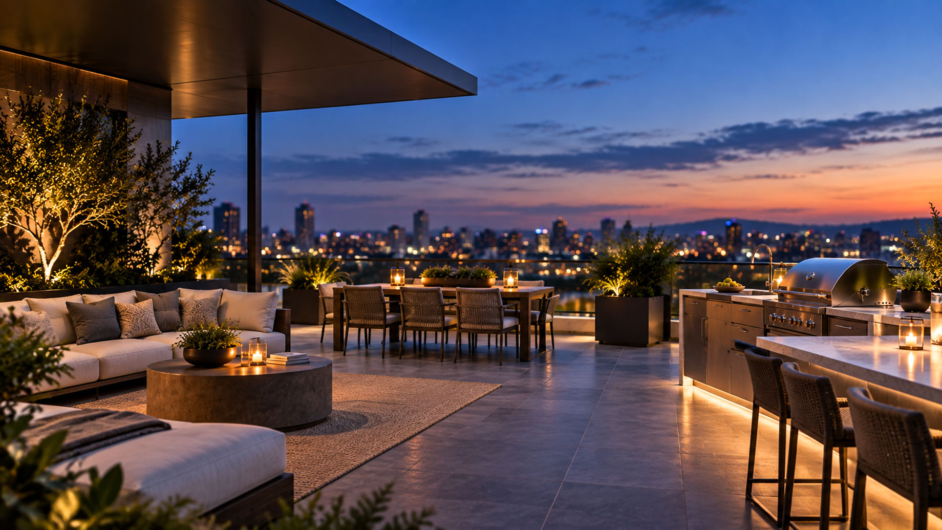 Luxury rooftop terrace with covered seating, outdoor kitchen, dining area, landscaping, and blurred city views at blue hour.