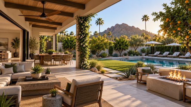 Luxury Arcadia backyard with a swimming pool, covered patio, citrus trees, desert landscaping, fire feature, and Camelback Mountain views.