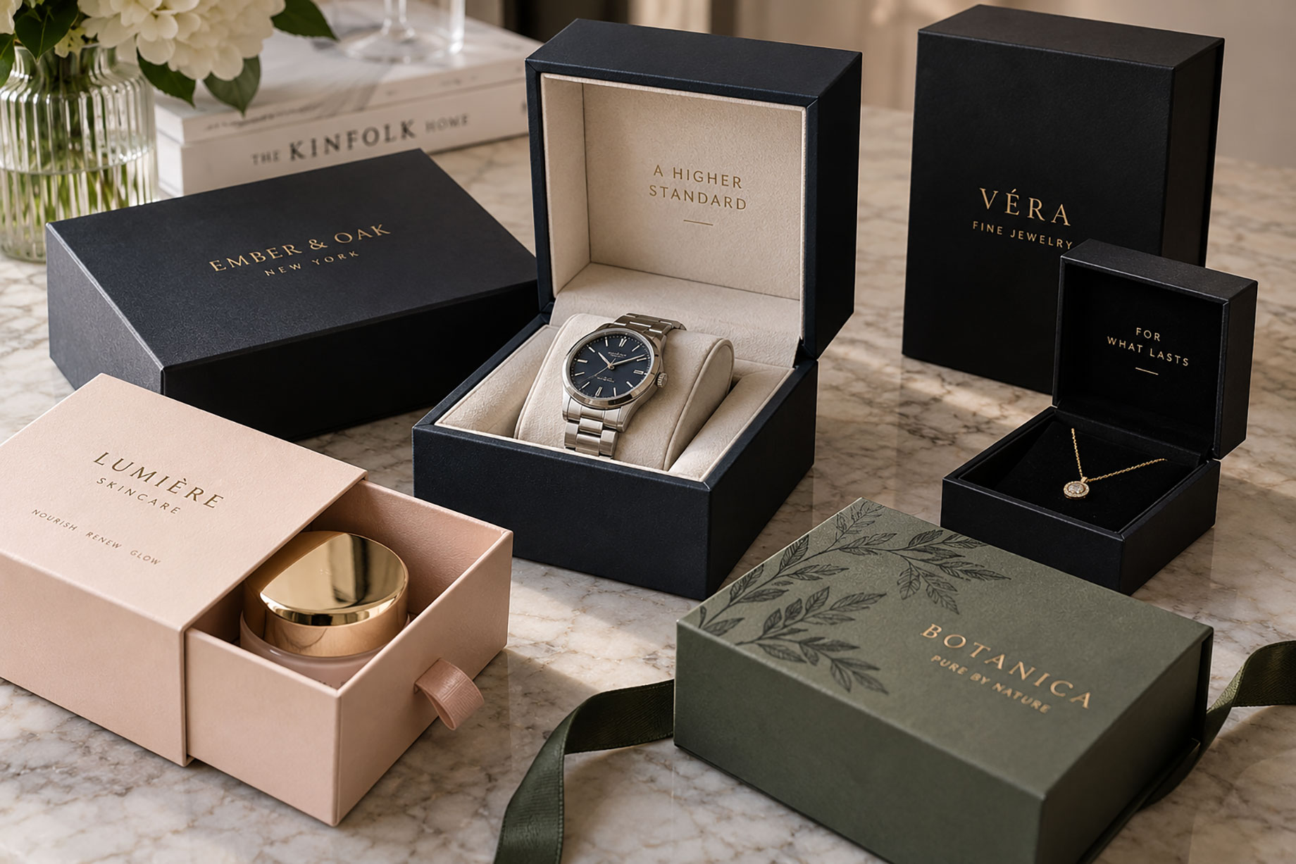 Luxury rigid boxes in black, blush pink, and sage green, displaying a wristwatch, gold necklace, and cosmetic jar on a marble surface.