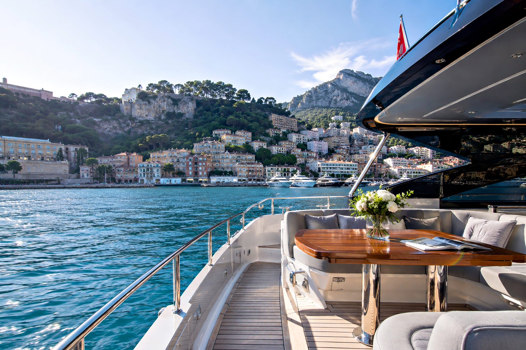 Luxury yacht deck with an outdoor dining area overlooking Monaco’s waterfront, hillside residences, marina, and Mediterranean coastline.
