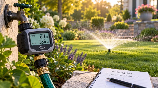 Digital water flow meter attached to an outdoor faucet beside a watering log, with a sprinkler irrigating the garden lawn.