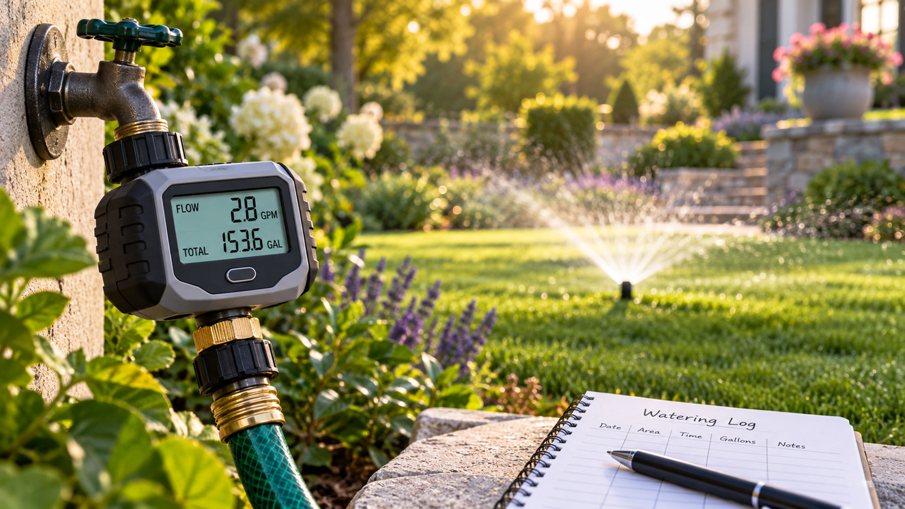 Digital water flow meter attached to an outdoor faucet beside a watering log, with a sprinkler irrigating the garden lawn.