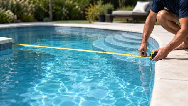 Person crouching beside a swimming pool, stretching a yellow tape measure across the water near curved entry steps.