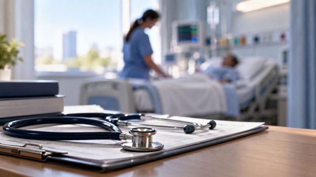 Stethoscope resting on medical records in a hospital room while a healthcare professional attends to a patient in the background.