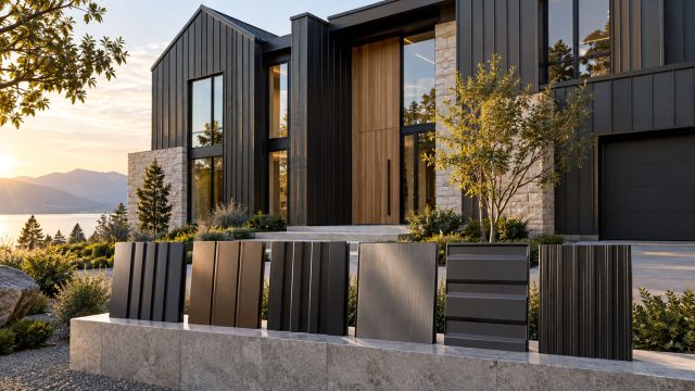 Metal siding panel samples displayed in front of a modern lakeside home with dark vertical cladding, pale stone, and warm wood accents.