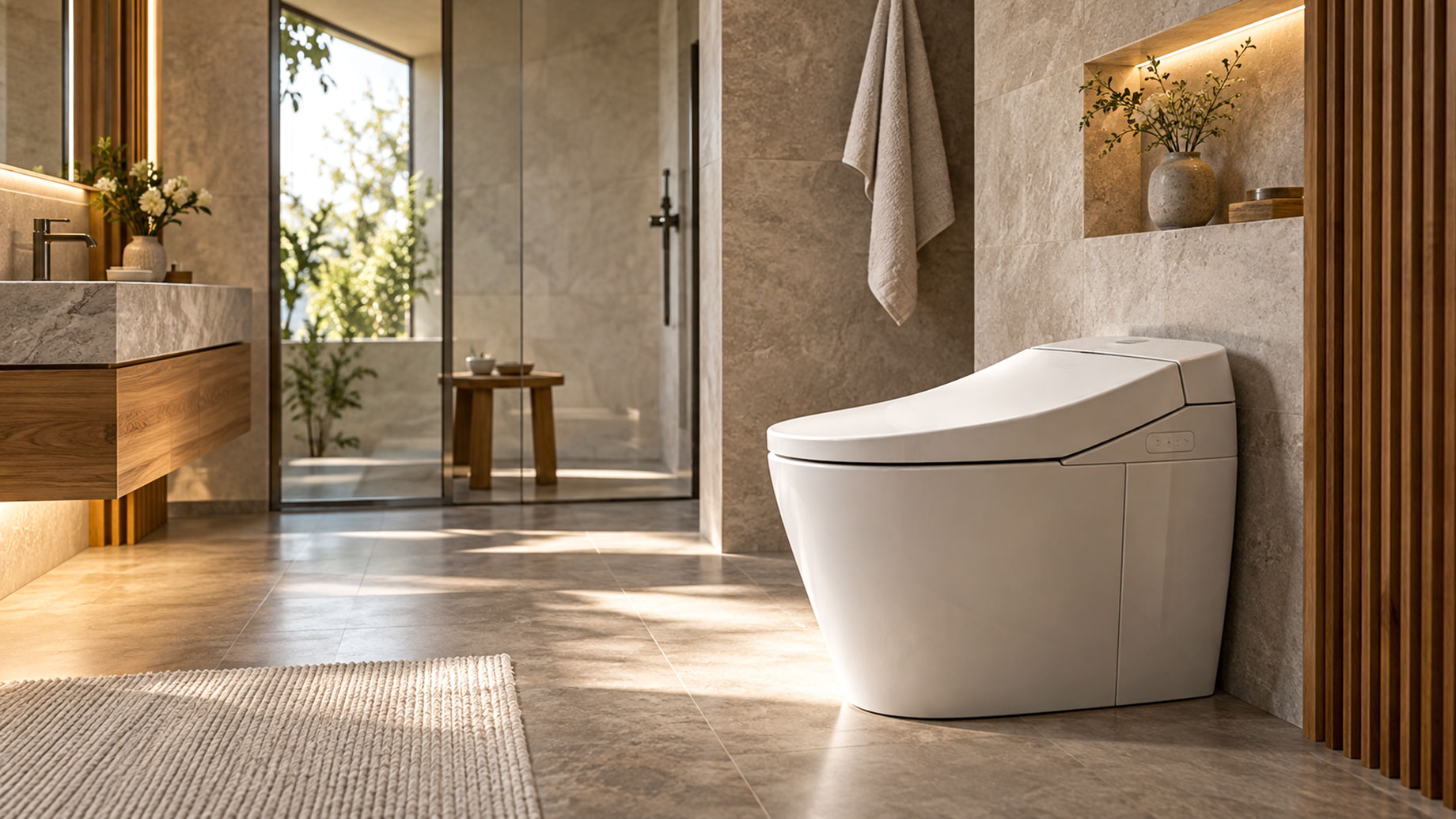 White bidet toilet in a sunlit bathroom with warm stone tiles, wood slat panelling, a floating vanity, and a glass-enclosed shower.