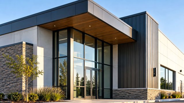 Modern commercial building with flat rooflines, metal panels, stone cladding, glass walls, and a deep entrance canopy.