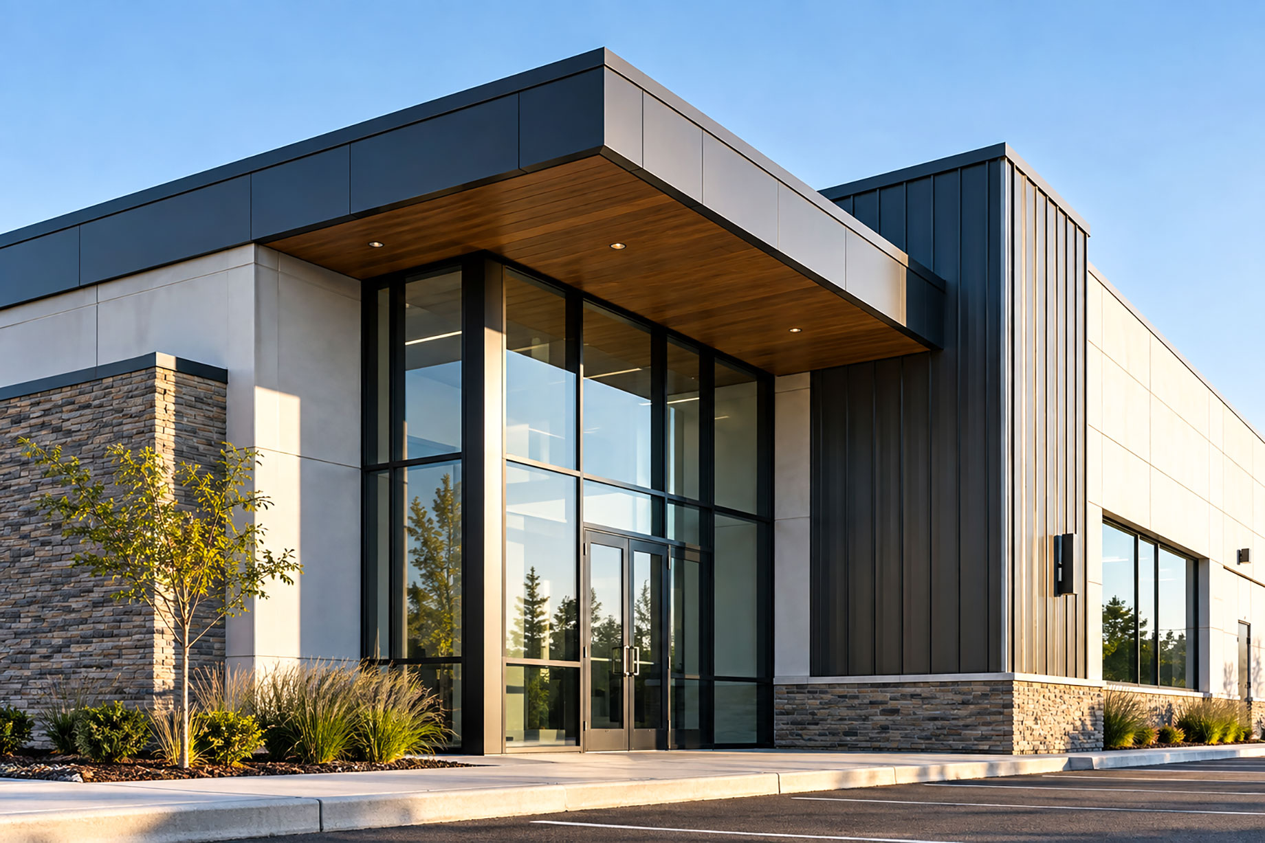 Modern commercial building with flat rooflines, metal panels, stone cladding, glass walls, and a deep entrance canopy.