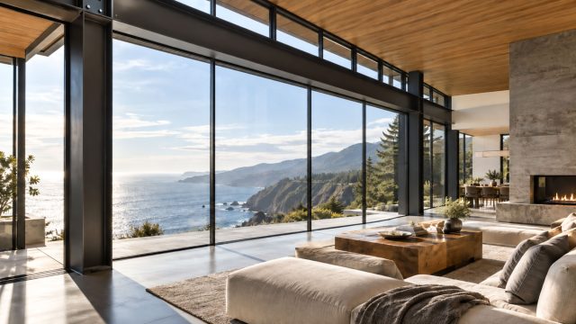 Contemporary living room with floor-to-ceiling glass walls, slim structural framing, and wide coastal views filling the interior with natural light.