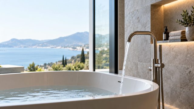 Contemporary luxury bathroom with a freestanding tub, brushed-metal floor-mounted faucet, natural stone finishes, and expansive water views.