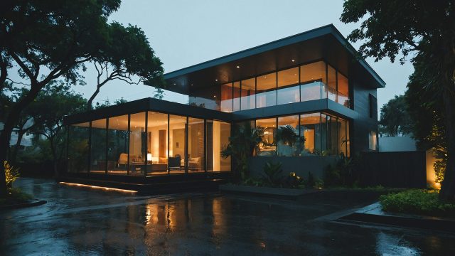 Two-story modern home with floor-to-ceiling windows, warm interior lighting, lush landscaping, and reflections on wet paving at dusk.