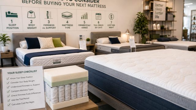 Modern mattress showroom with several beds, a mattress layer cutaway, and a checklist covering sleep position, body weight, firmness, support, trials, and value.