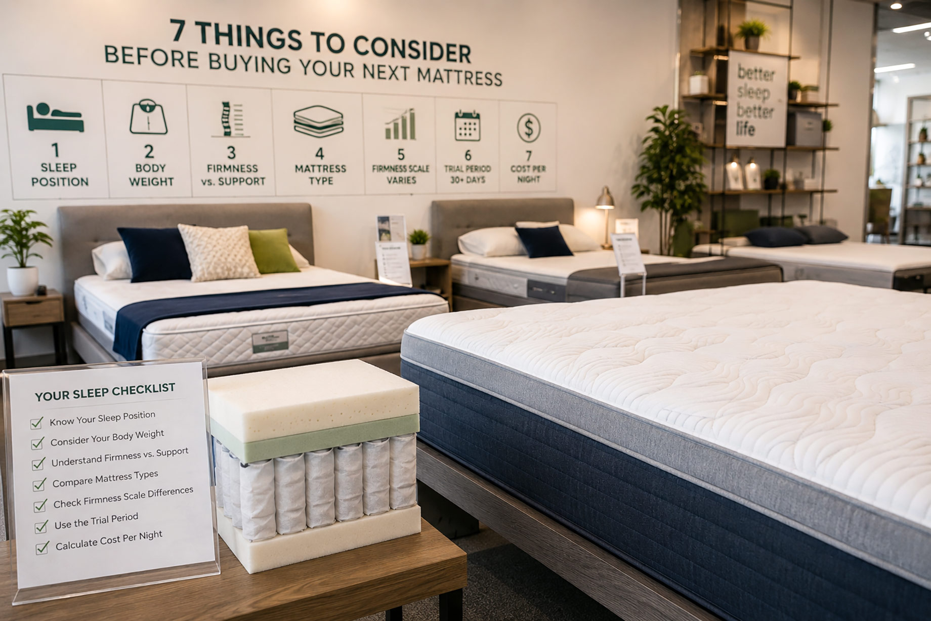Modern mattress showroom with several beds, a mattress layer cutaway, and a checklist covering sleep position, body weight, firmness, support, trials, and value.
