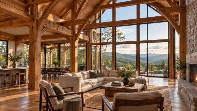 Modern timber frame great room with exposed wood posts and beams, vaulted ceilings, stone fireplace, open living spaces, and mountain views.
