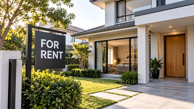 Contemporary two-story rental house with a landscaped front yard, large windows, warm wood entry door, and black For Rent sign.