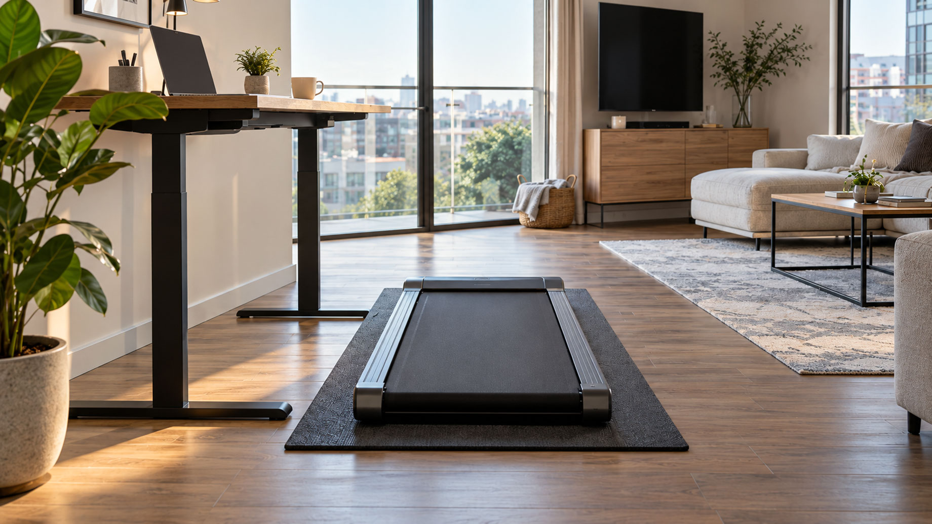 Compact walking pad on a black exercise mat beside a standing desk in a modern apartment with wood flooring and large windows.