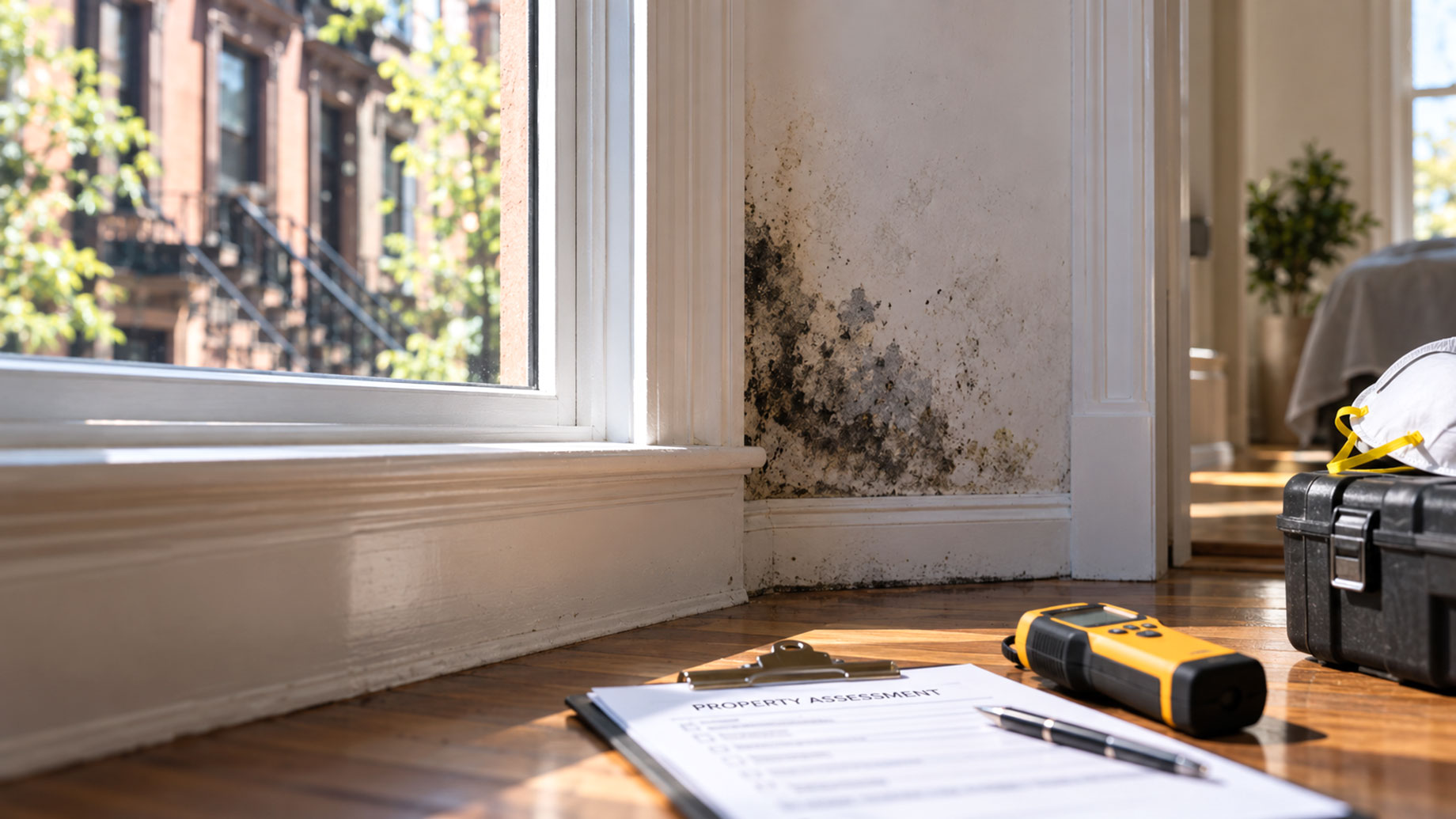 Mold-stained wall beside a white-framed window, with a clipboard, handheld meter, and equipment case on the hardwood floor.