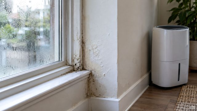 Mold and moisture damage around a condensation-covered window beside a dehumidifier in a residential interior.