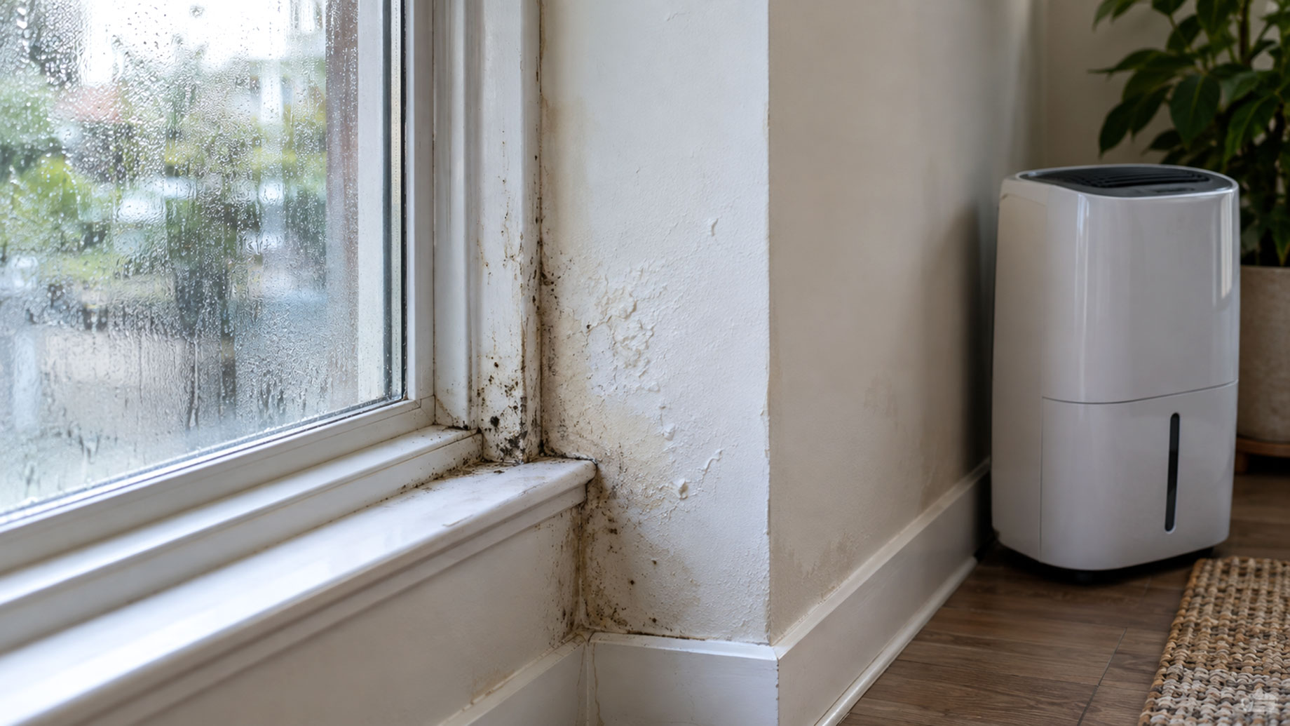 Mold and moisture damage around a condensation-covered window beside a dehumidifier in a residential interior.