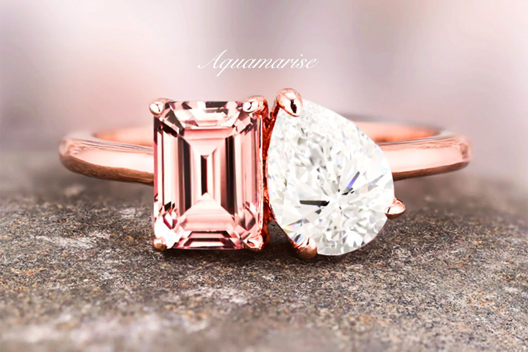 Toi et Moi ring with an emerald-cut pink morganite and pear-cut simulated diamond set side by side in 14K rose gold vermeil.