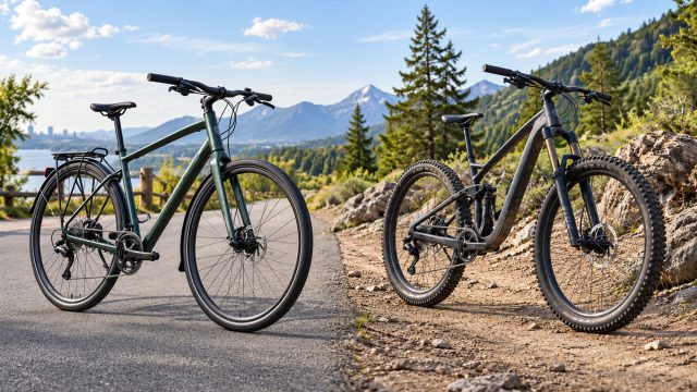 Green hybrid bike on a paved path beside a gray mountain bike on rocky ground, with a lake and forested mountains behind.