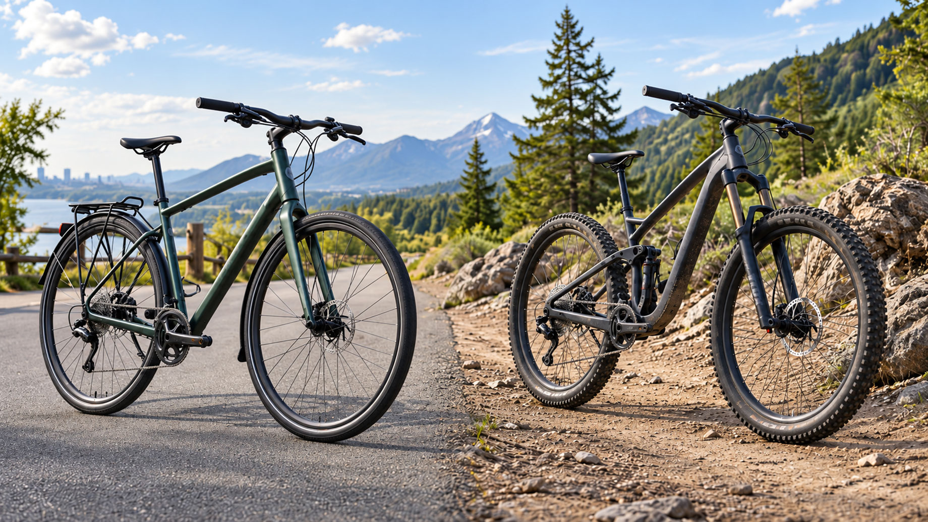 Green hybrid bike on a paved path beside a gray mountain bike on rocky ground, with a lake and forested mountains behind.