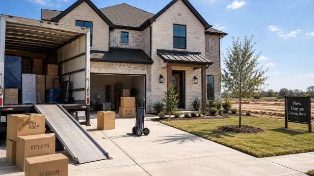 Moving truck, boxes, and a hand cart outside a newly built North Texas home with open land and additional development nearby.