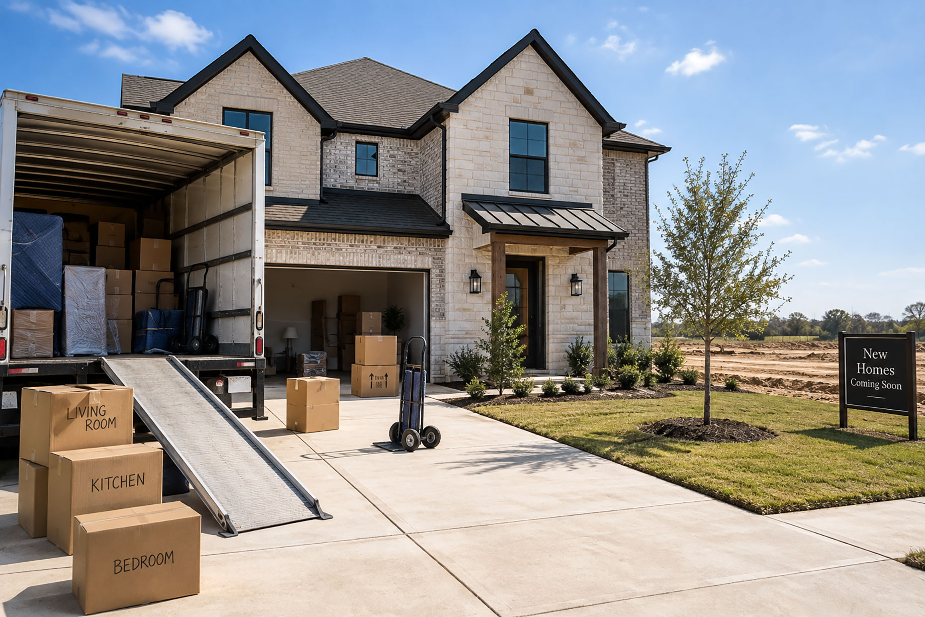 Moving truck, boxes, and a hand cart outside a newly built North Texas home with open land and additional development nearby.