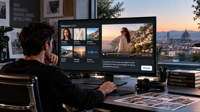 Creator reviewing visual references, an audio waveform, and a coastal video preview on a widescreen monitor in a modern studio.