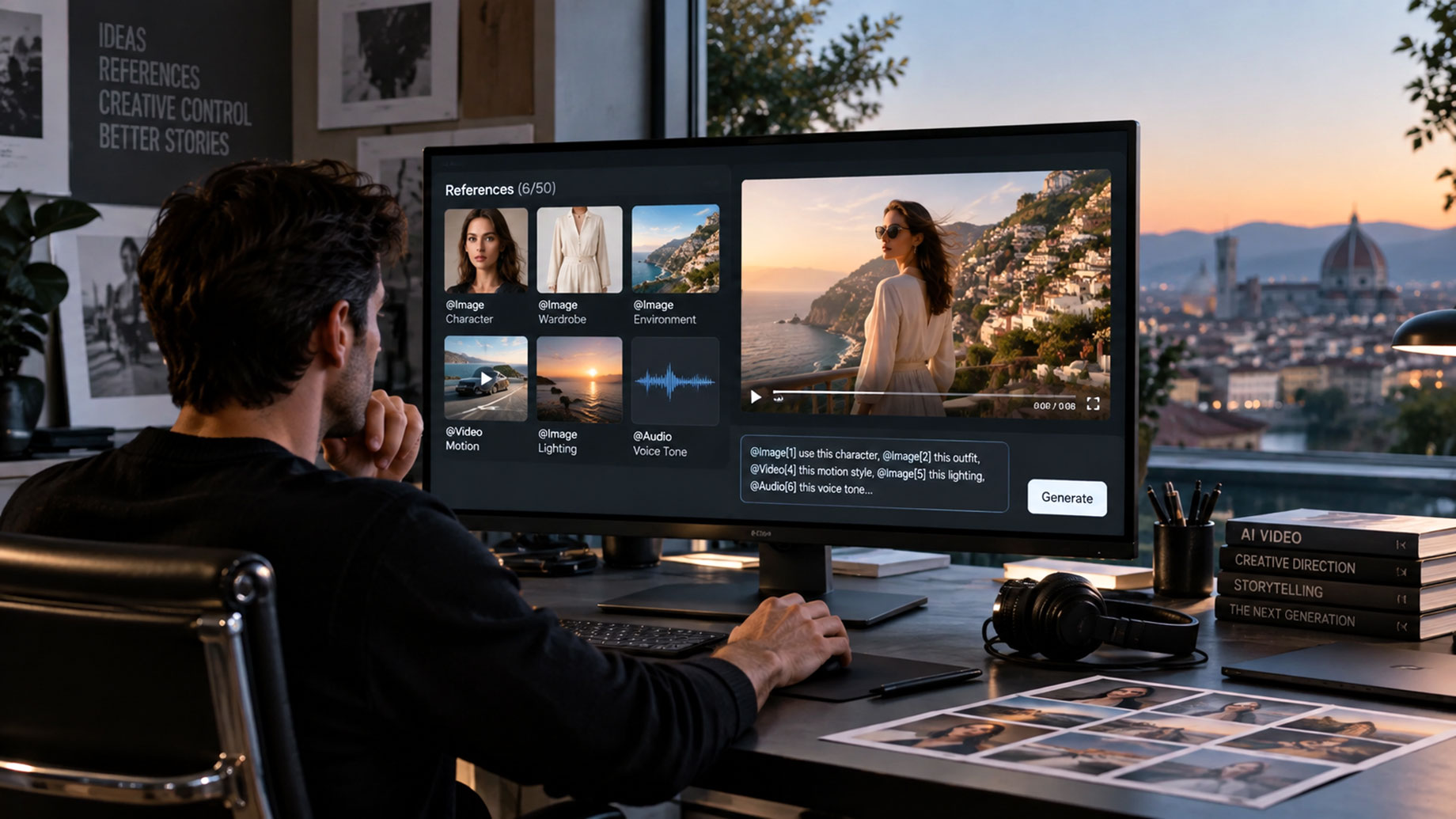 Creator reviewing visual references, an audio waveform, and a coastal video preview on a widescreen monitor in a modern studio.