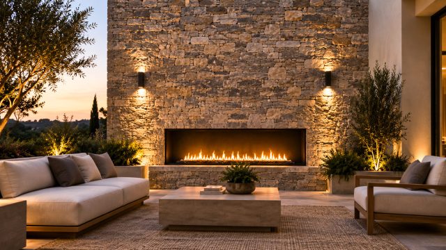Natural stone feature wall with a built-in linear fireplace, warm wall lighting, and modern patio seating at dusk.
