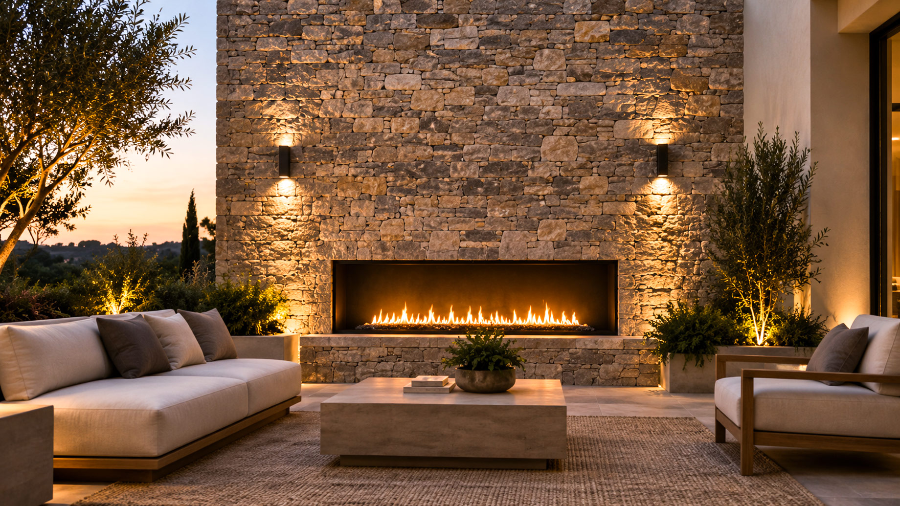 Natural stone feature wall with a built-in linear fireplace, warm wall lighting, and modern patio seating at dusk.