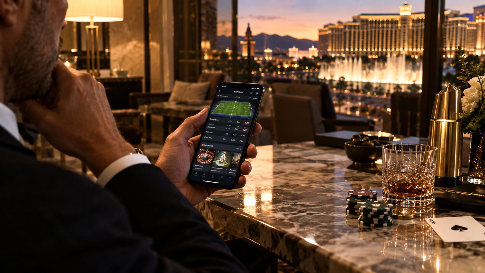 Man viewing sports betting on a smartphone beside casino chips and a drink on a marble counter, with illuminated resorts beyond.