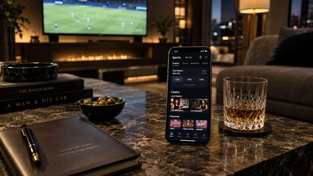 Smartphone displaying sports betting and casino games on a marble table in a softly lit lounge with a televised football match.