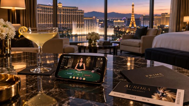 Smartphone showing a live-dealer casino game beside a cocktail, dining menu, and show ticket in a luxury suite overlooking illuminated resorts.
