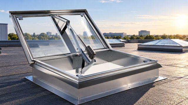 Open glazed smoke vent with a metal frame and visible actuator on a flat commercial roof, with other rooflights beyond.