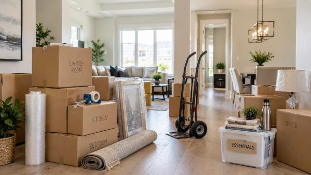 Labeled moving boxes, a hand truck, a wrapped frame, and an essentials bin arranged in a bright home with wood floors.