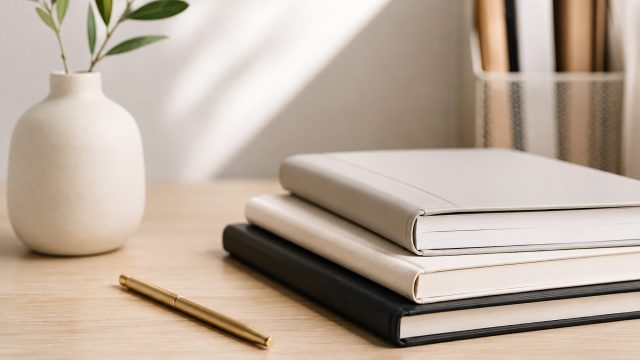 Minimalist desk with stacked notebooks, a brass pen, and a leafy plant arranged for MLO licensing study, planning, and document organization.