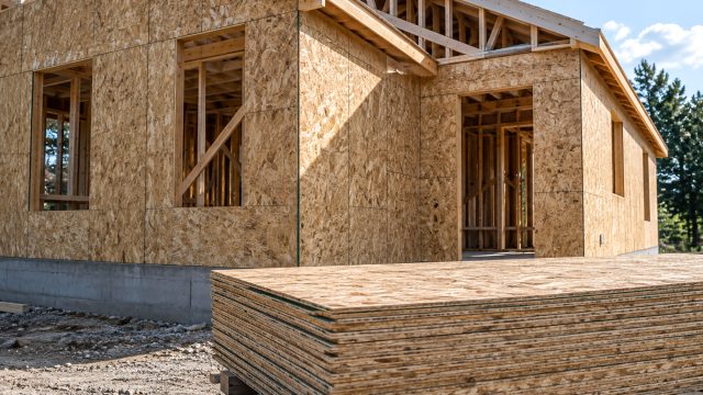 Stack of OSB panels beside a partially framed house with oriented strand board wall sheathing, exposed timber studs, and roof trusses.