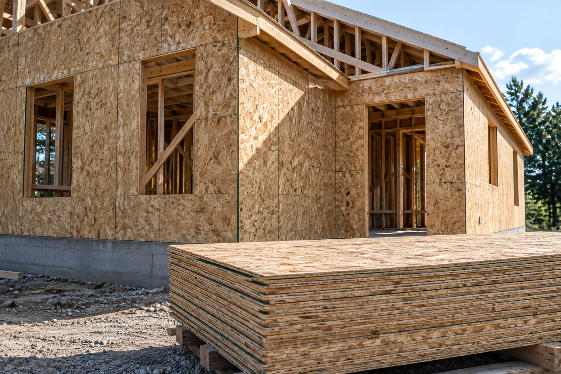 Stack of OSB panels beside a partially framed house with oriented strand board wall sheathing, exposed timber studs, and roof trusses.