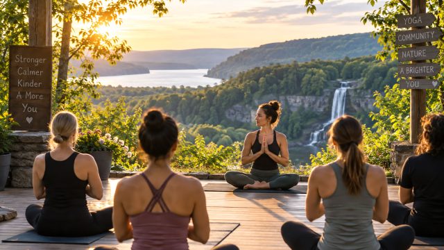Yoga instructor leading four seated participants on a wooden terrace overlooking a lake, forested hills, and a cascading waterfall.