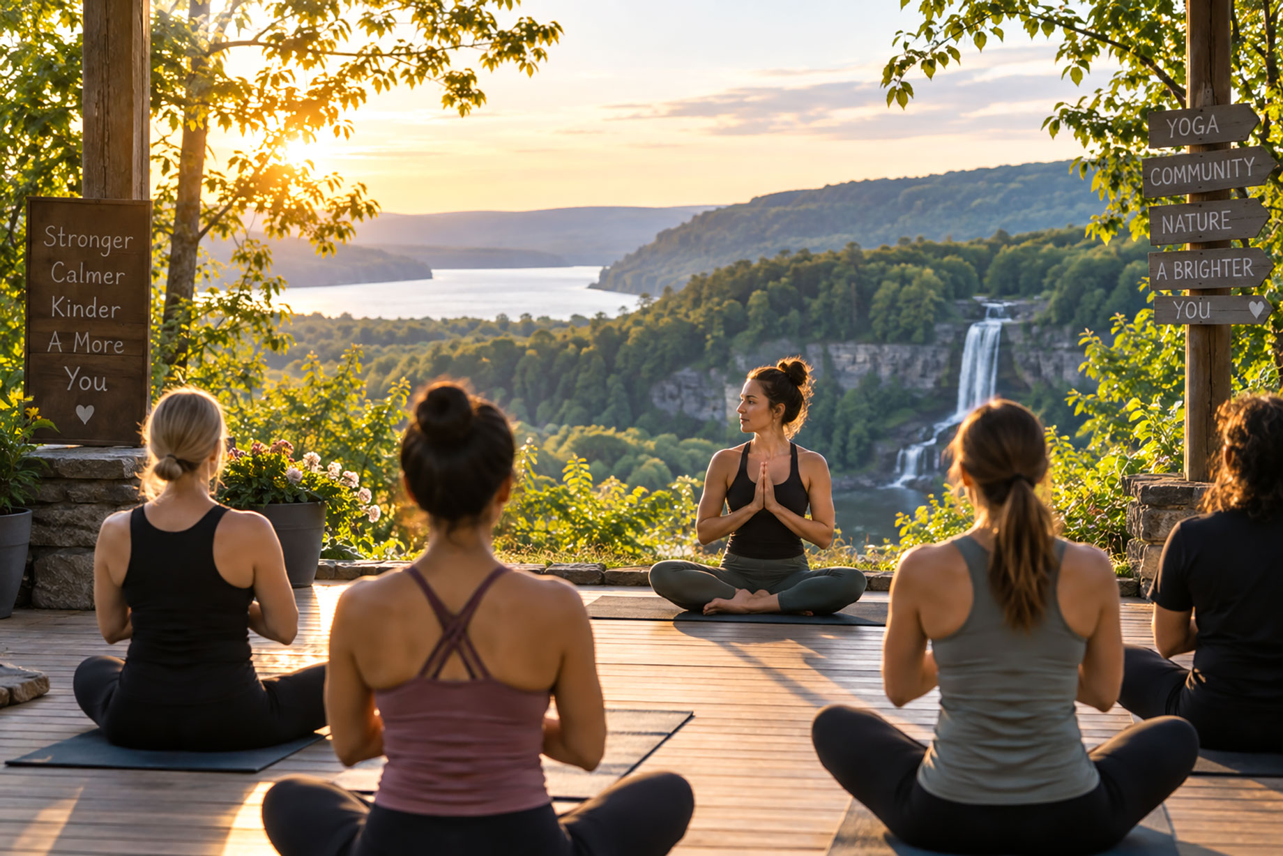 Yoga instructor leading four seated participants on a wooden terrace overlooking a lake, forested hills, and a cascading waterfall.