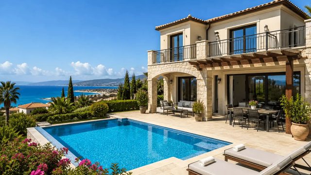 Stone and stucco villa in Paphos, Cyprus, with a swimming pool, sun loungers, a shaded dining terrace, and sea views.