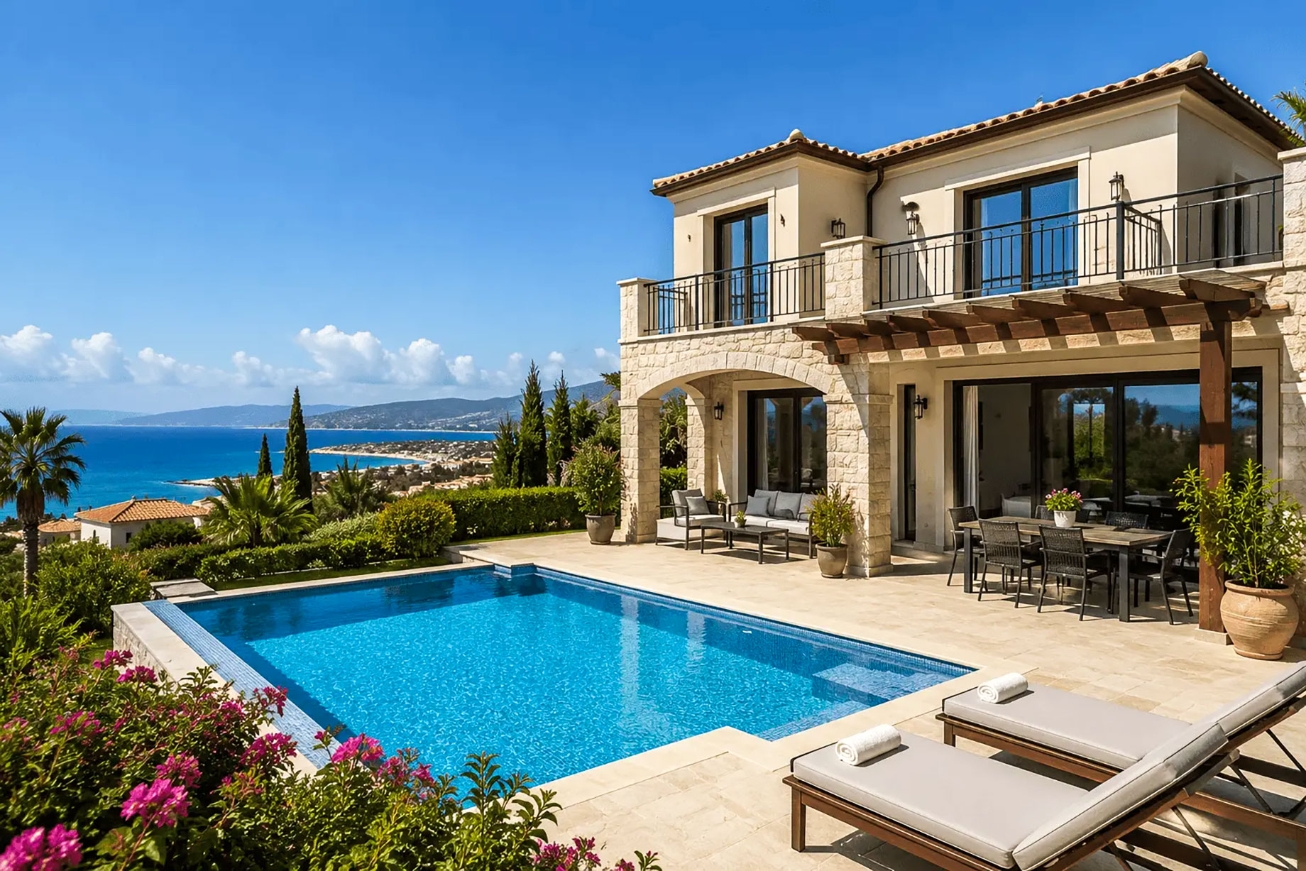 Stone and stucco villa in Paphos, Cyprus, with a swimming pool, sun loungers, a shaded dining terrace, and sea views.