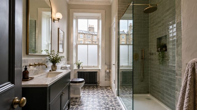 Green-tiled shower and dark vanity with brass fixtures in a bathroom with patterned flooring, decorative cornicing, and a tall sash window.