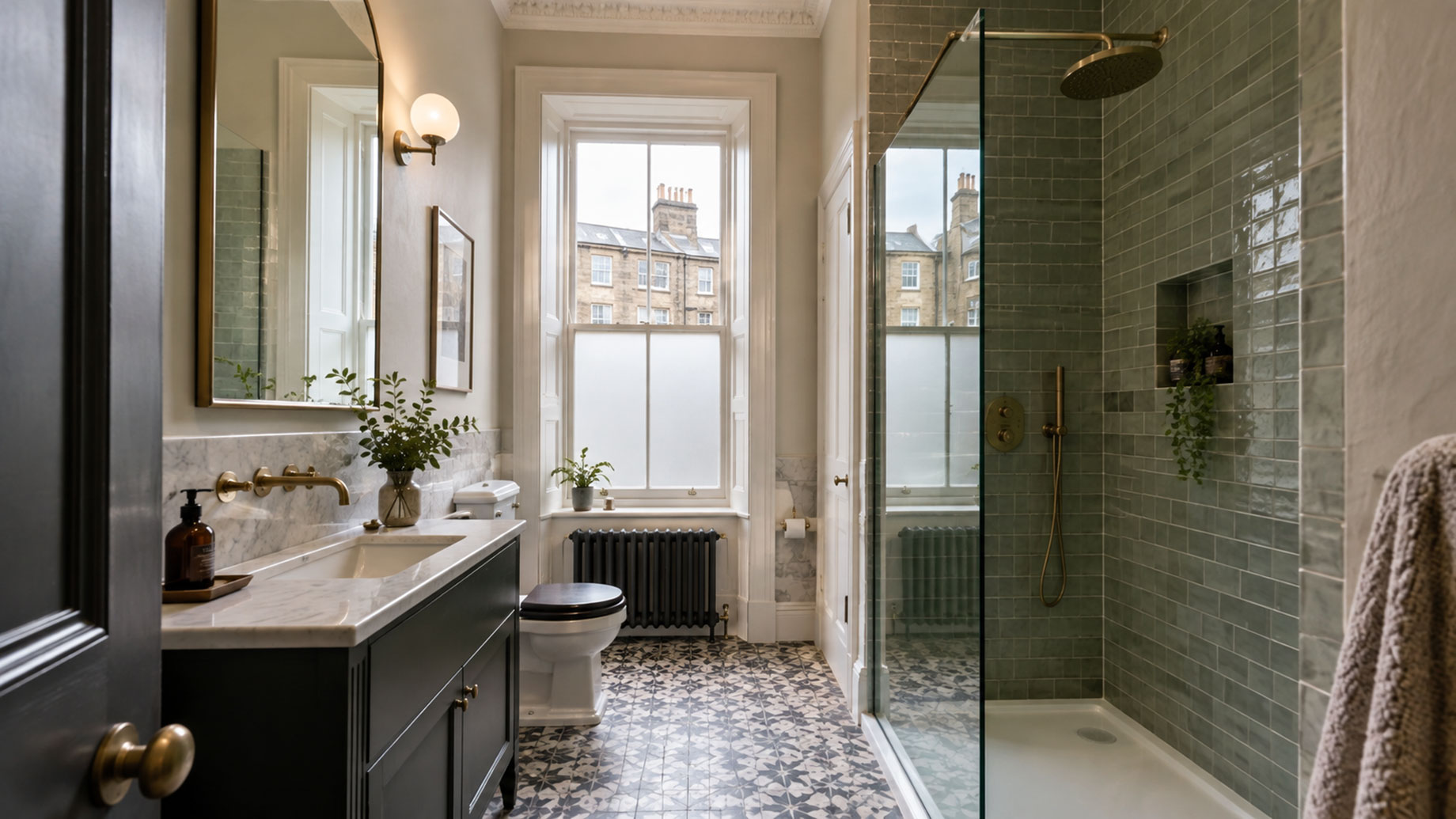 Green-tiled shower and dark vanity with brass fixtures in a bathroom with patterned flooring, decorative cornicing, and a tall sash window.