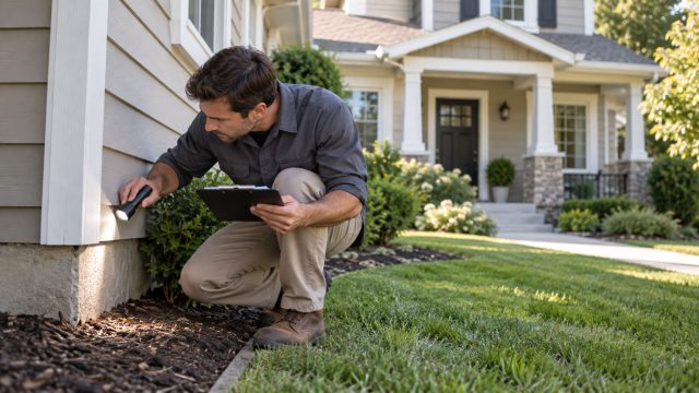 Pest inspector examining the foundation of a well-maintained home with a flashlight and clipboard before the property is listed for sale.