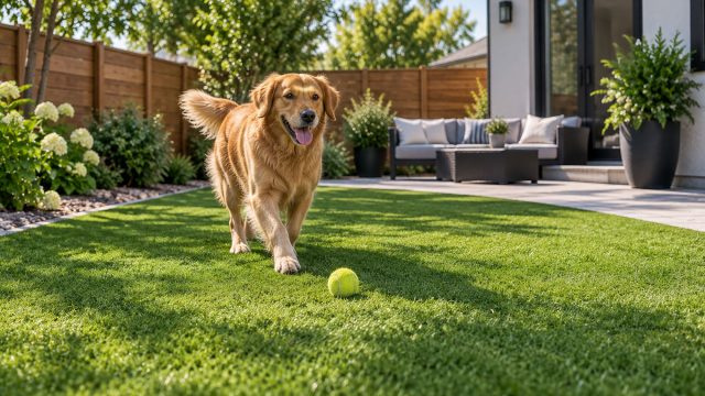 Golden retriever walking across clean green artificial turf in a landscaped backyard with a patio, fencing, and outdoor seating.